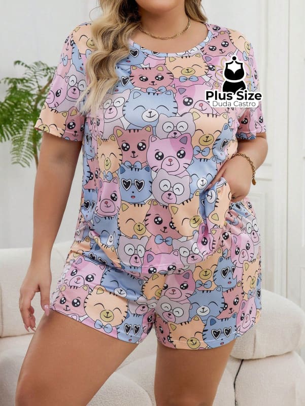 Pijama Plus Size De Gatinho De Mangas Curtas E Shorts