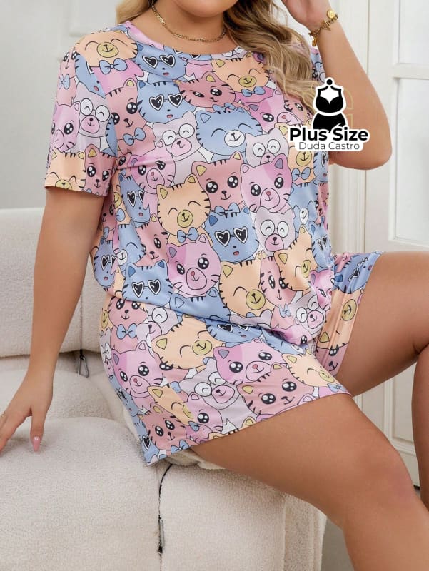 Pijama Plus Size De Gatinho De Mangas Curtas E Shorts G1 / Multicolorido