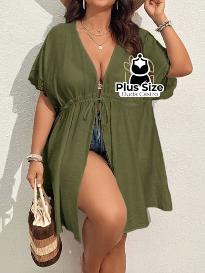 Quimono De Praia Com Manga Morcego Cordão Na Cintura Renda E Fenda Lateral Plus Size