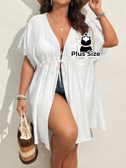 Quimono De Praia Com Manga Morcego Cordão Na Cintura Renda E Fenda Lateral Plus Size