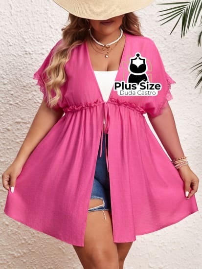 Quimono De Praia Com Manga Morcego Cordão Na Cintura Renda E Fenda Lateral Plus Size