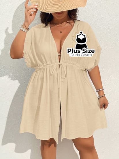 Quimono De Praia Com Manga Morcego Cordão Na Cintura Renda E Fenda Lateral Plus Size