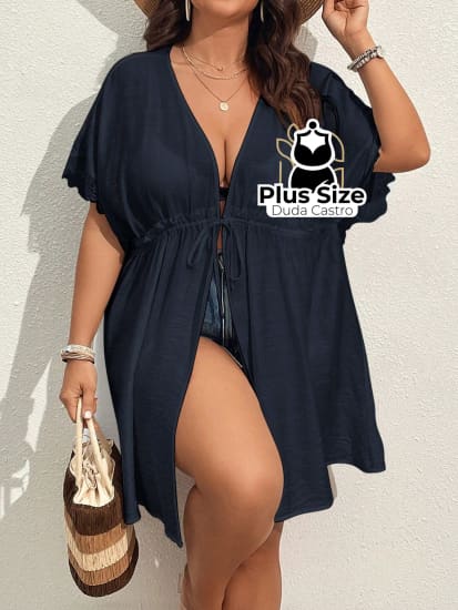 Quimono De Praia Com Manga Morcego Cordão Na Cintura Renda E Fenda Lateral Plus Size