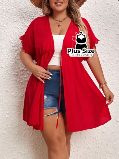 Quimono De Praia Com Manga Morcego Cordão Na Cintura Renda E Fenda Lateral Plus Size