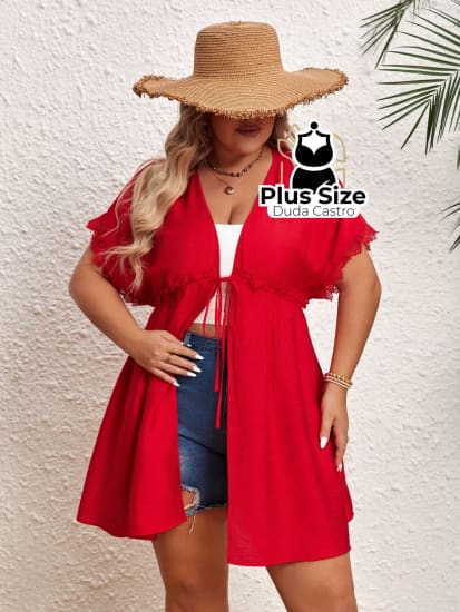 Quimono De Praia Com Manga Morcego Cordão Na Cintura Renda E Fenda Lateral Plus Size