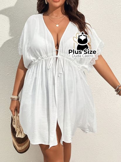 Quimono De Praia Com Manga Morcego Cordão Na Cintura Renda E Fenda Lateral Plus Size