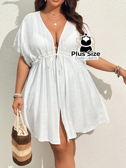 Quimono De Praia Com Manga Morcego Cordão Na Cintura Renda E Fenda Lateral Plus Size G / Branco