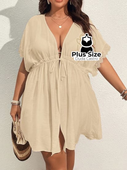 Quimono De Praia Com Manga Morcego Cordão Na Cintura Renda E Fenda Lateral Plus Size G / Caqui