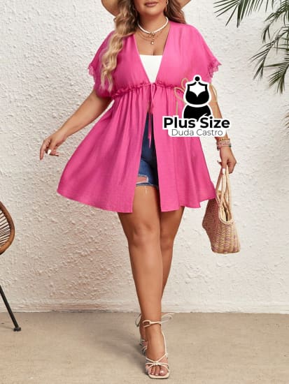 Quimono De Praia Com Manga Morcego Cordão Na Cintura Renda E Fenda Lateral Plus Size G / Pink