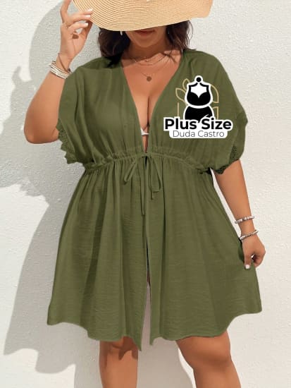 Quimono De Praia Com Manga Morcego Cordão Na Cintura Renda E Fenda Lateral Plus Size G / Verde