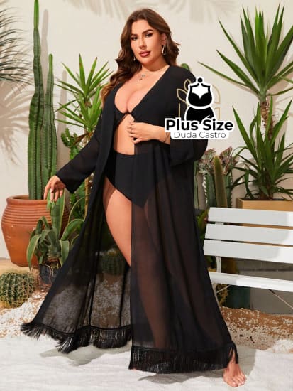 Quimono De Praia Longo Liso Plus Size