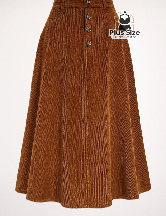 Saia Flare em Veludo Cotelê Cóz em Elastico Atrás Plus Size G Saia Flare em Veludo Cotelê Cóz em Elastico Atrás Plus