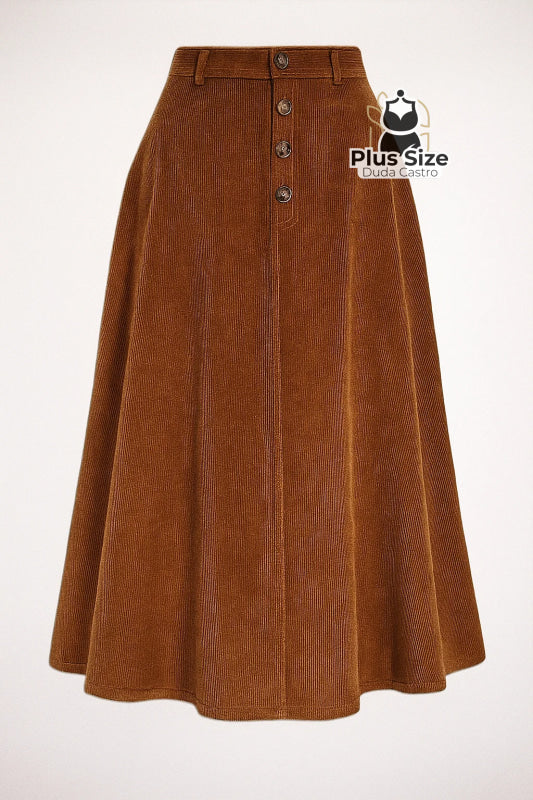Saia Flare em Veludo Cotelê Cóz em Elastico Atrás Plus Size G Saia Flare em Veludo Cotelê Cóz em Elastico Atrás Plus