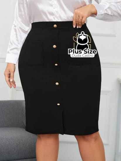 Saia Justa Lisa Com Botões Frontais Várias Cores Plus Size G / Preto Saia