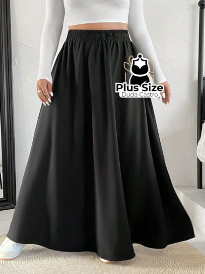 Saia Longa Lisa Cintura Em Elástico Várias Cores Plus Size G / Preto Saia