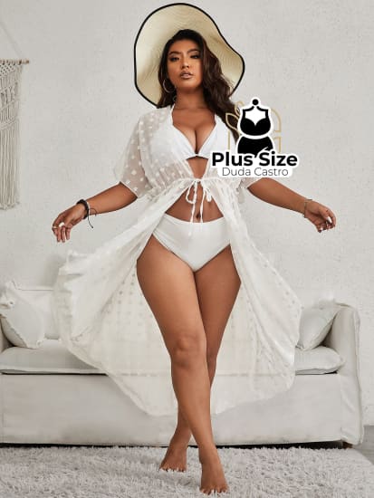 Saída De Praia Em Ponto Suíço Manga De Asa Morcego Cintura Com Cordão Plus Size