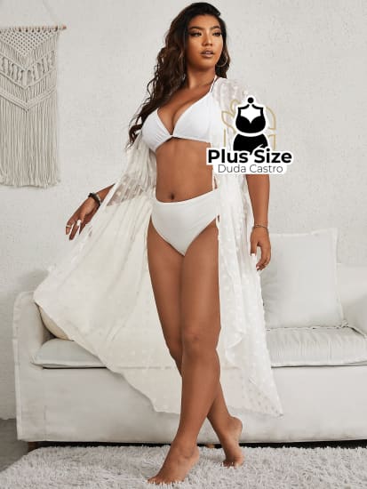 Saída De Praia Em Ponto Suíço Manga De Asa Morcego Cintura Com Cordão Plus Size