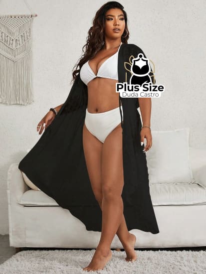 Saída De Praia Em Ponto Suíço Manga De Asa Morcego Cintura Com Cordão Plus Size