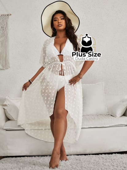 Saída De Praia Em Ponto Suíço Manga De Asa Morcego Cintura Com Cordão Plus Size G / Branco