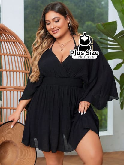 Saída De Praia Em Viscose E Poliamida Tipo Vestido Com Tranparência Plus Size