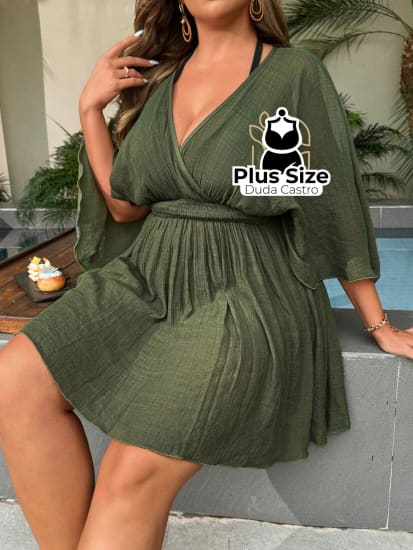 Saída De Praia Em Viscose E Poliamida Tipo Vestido Com Tranparência Plus Size