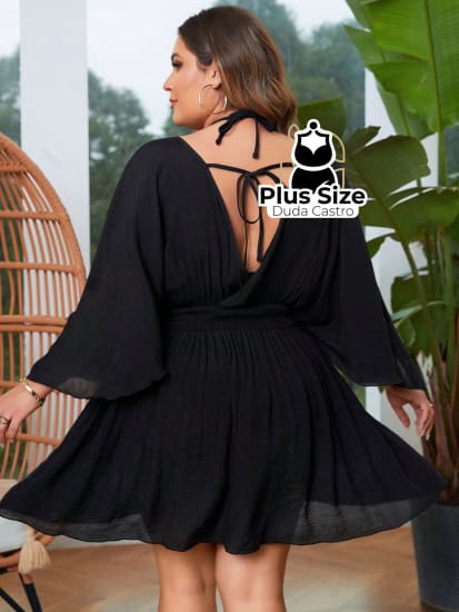 Saída De Praia Em Viscose E Poliamida Tipo Vestido Com Tranparência Plus Size