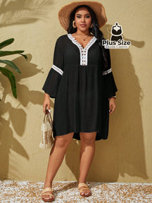 Saída De Praia Estilo Vestido Com Decote Trabalhado G / Preto E Branco
