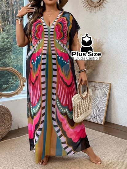 Saída De Praia Maxi Borboletas Plus Size Saida