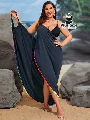 Plussize Saída De Praia Bainha Enrolada Cami Vestido De Cobertura G / Azul Marinho Maiô