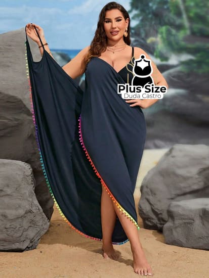 Plussize Saída De Praia Bainha Enrolada Cami Vestido De Cobertura G / Azul Marinho Maiô