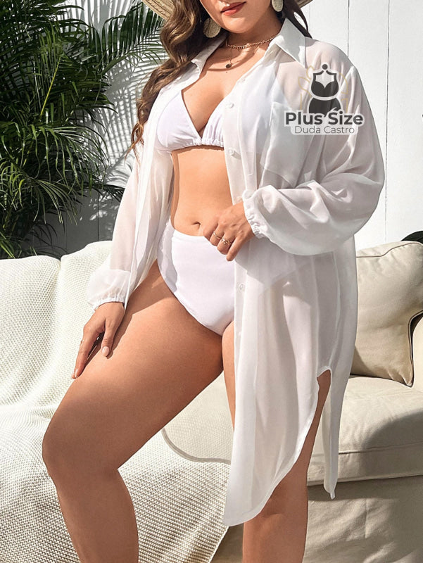 Saída De Praia Tipo Blusão Várias Cores Plus Size G / Branco