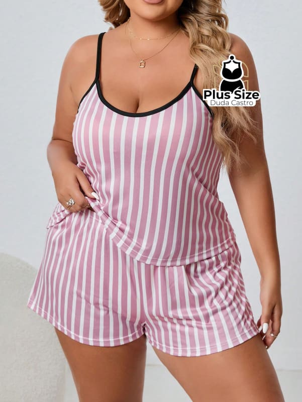 Shortdoll Plus Size Listrada Malha Fria - G1 / Rosa