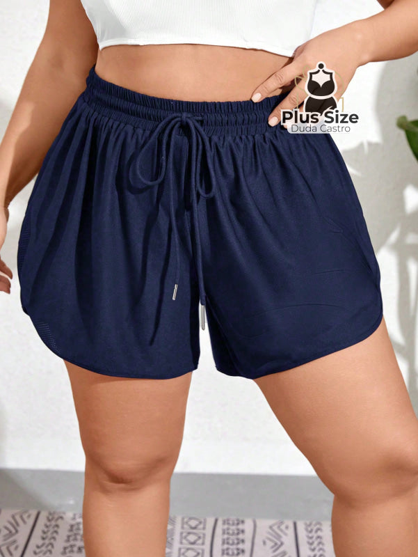 Short De Praia Piscina Hidroginástica Com Cintura Em Elástico E Cordão