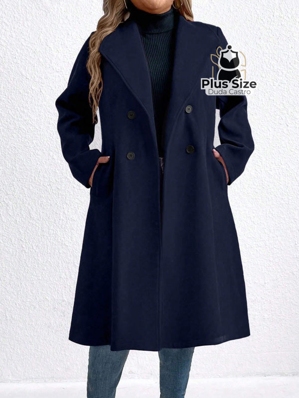 Sobretudo Gola Virada e Abotoamento Duplo Plus Size Azul Marinho / G Sobretudo Gola Virada e Abotoamento Duplo Plus Size