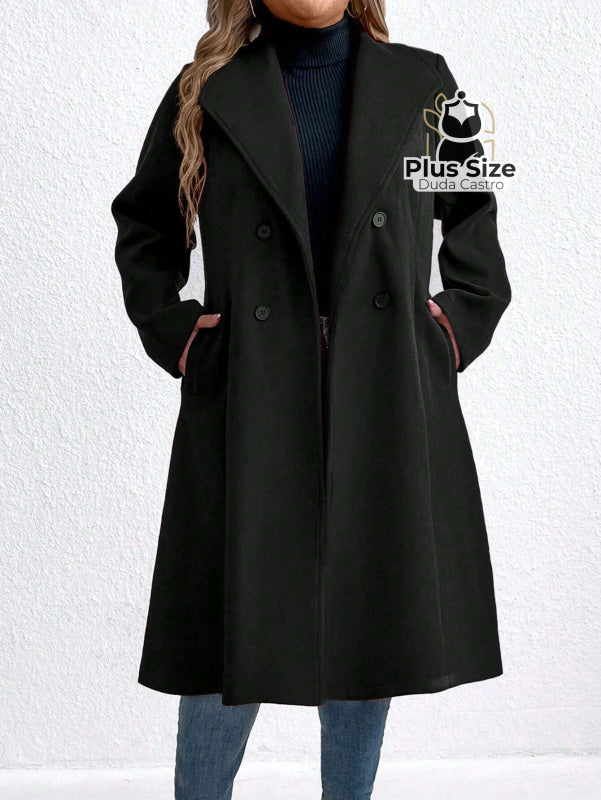 Sobretudo Gola Virada e Abotoamento Duplo Plus Size Preto / G Sobretudo Gola Virada e Abotoamento Duplo Plus Size