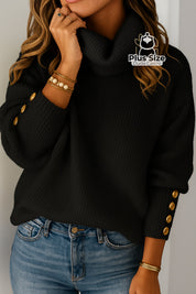 Suéter de Inverno em Lã Penteada Manga Longa Gola Alta com Detalhes de Punhos Levemente Ajustados Plus Size Preto / G