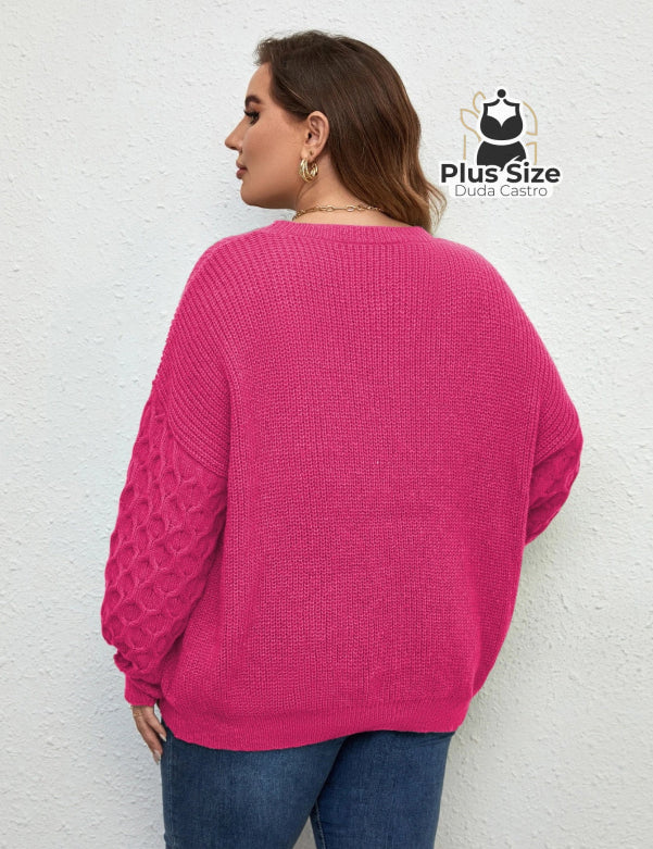 Suéter de Tricô com Manga Trabalhada em Várias Cores Plus Size Suéter de Tricô com Manga Trabalhada em Várias Cores