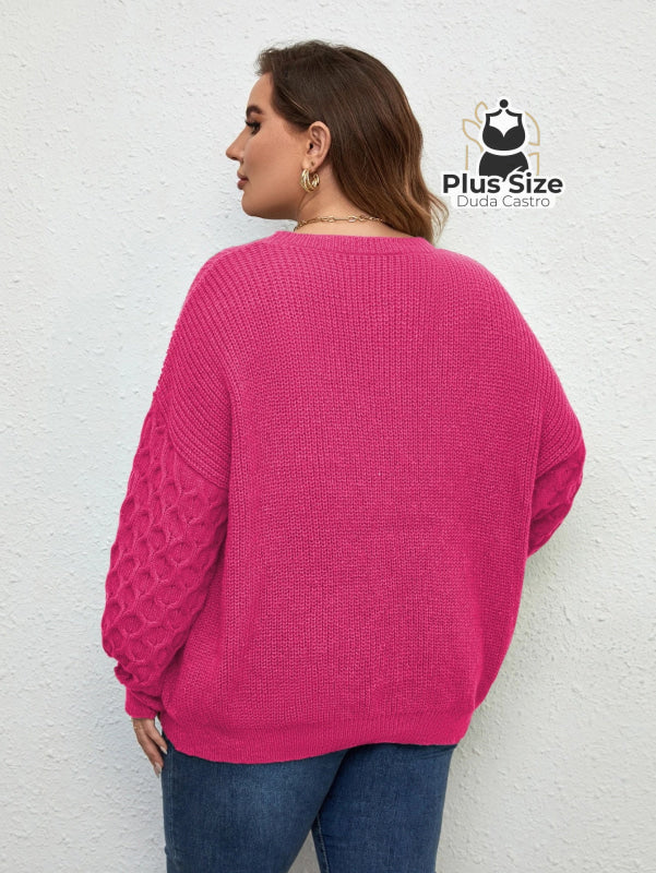 Suéter de Tricô com Manga Trabalhada em Várias Cores Plus Size Suéter de Tricô com Manga Trabalhada em Várias Cores