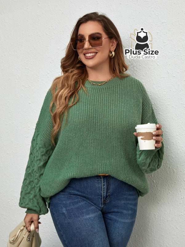 Suéter de Tricô com Manga Trabalhada em Várias Cores Plus Size Suéter de Tricô com Manga Trabalhada em Várias Cores