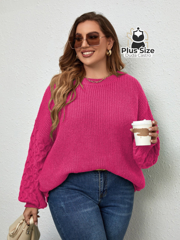 Suéter de Tricô com Manga Trabalhada em Várias Cores Plus Size Suéter de Tricô com Manga Trabalhada em Várias Cores