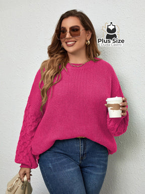 Suéter de Tricô com Manga Trabalhada em Várias Cores Plus Size Suéter de Tricô com Manga Trabalhada em Várias Cores