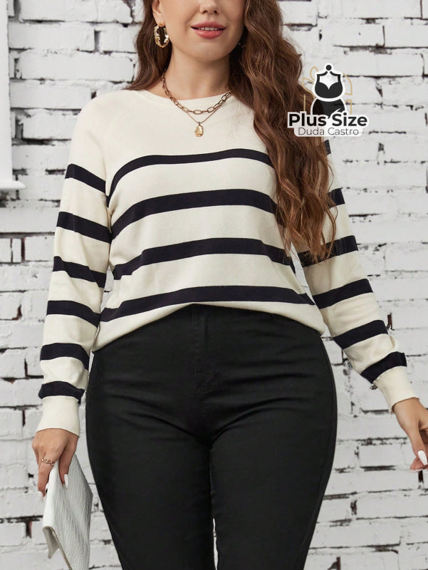 Suéter em Viscose e Poliamida com Listras Tradicional Plus Size G / Branco Suéter em Viscose e Poliamida com Listras