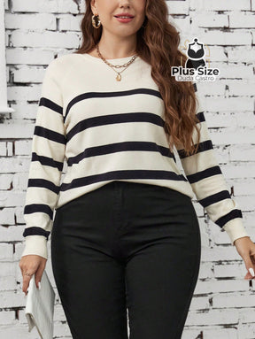 Suéter em Viscose e Poliamida com Listras Tradicional Plus Size G / Branco Suéter em Viscose e Poliamida com Listras