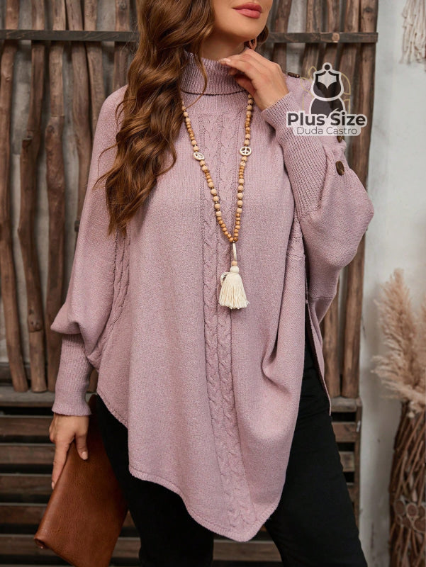 Suéter Estilo Poncho Moderno com Gola Alta Manga Longa de Morcego Detalhes em Botões Várias Cores Plus Size Suéter