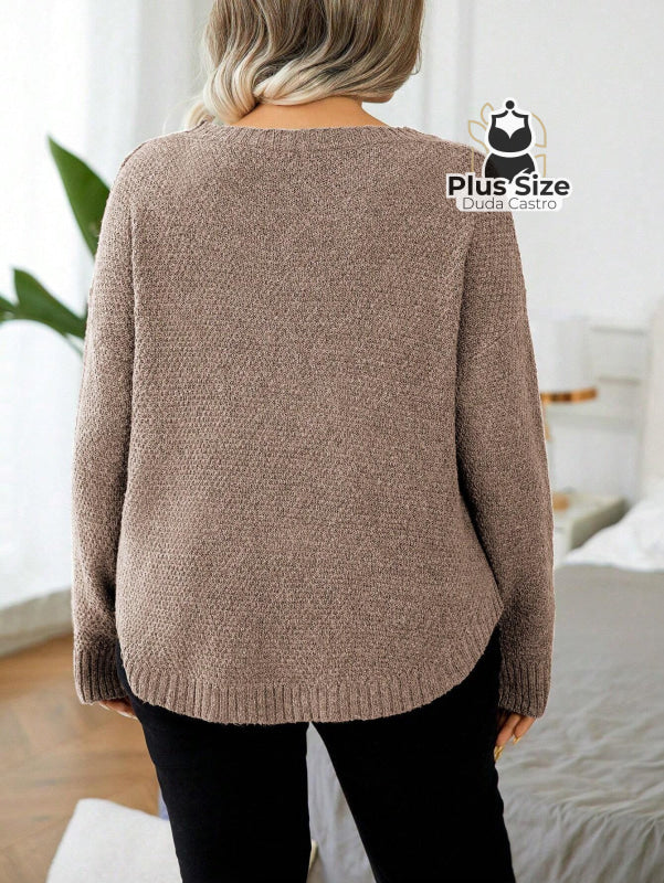 Suéter Gola Redonda Manga Longa Plus Size para Outono e Inverno Suéter Gola Redonda Manga Longa Plus Size para Outono e