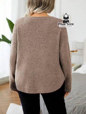 Suéter Gola Redonda Manga Longa Plus Size para Outono e Inverno Suéter Gola Redonda Manga Longa Plus Size para Outono e