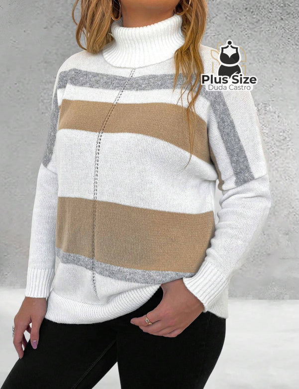 Suéter Inverno Elegante em Lã Penteada com Listras Contrastantes Suéter Inverno Elegante em Lã Penteada com Listras