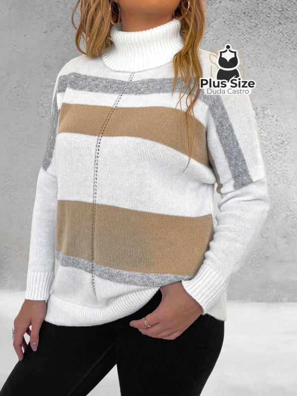 Suéter Inverno Elegante em Lã Penteada com Listras Contrastantes Suéter Inverno Elegante em Lã Penteada com Listras