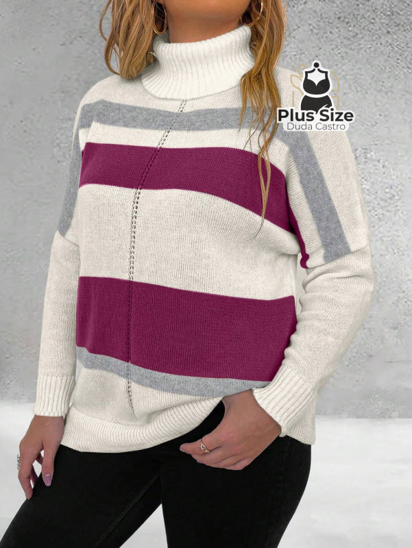 Suéter Inverno Elegante em Lã Penteada com Listras Contrastantes Suéter Inverno Elegante em Lã Penteada com Listras