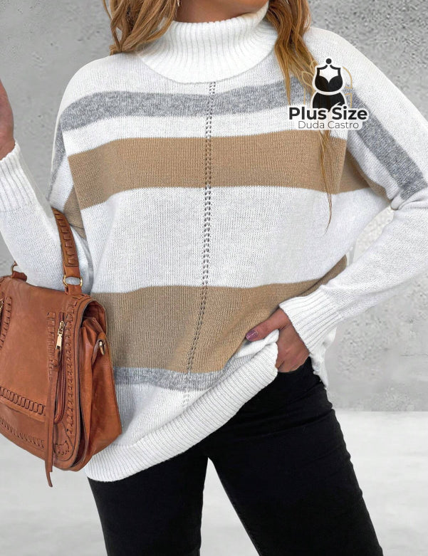Suéter Inverno Elegante em Lã Penteada com Listras Contrastantes Suéter Inverno Elegante em Lã Penteada com Listras